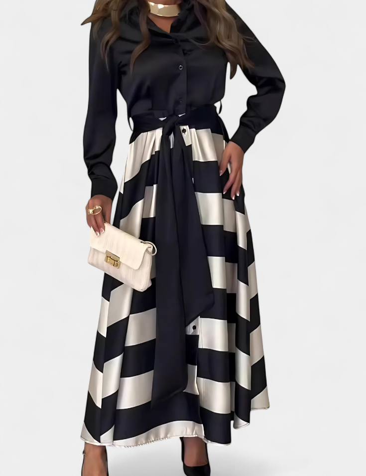 Dlouhé Šaty Košile Pruhované S Páskem Elegantní Styl