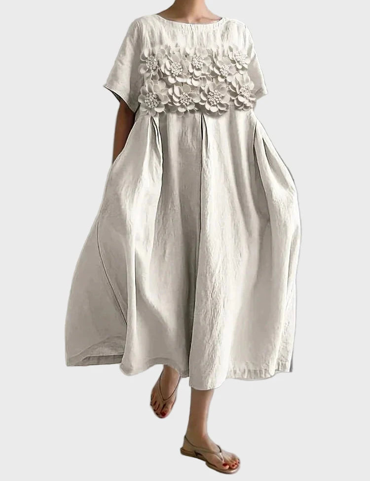 Midi Šaty Béžové S 3D Květinovými Ozdobami Plisovanými