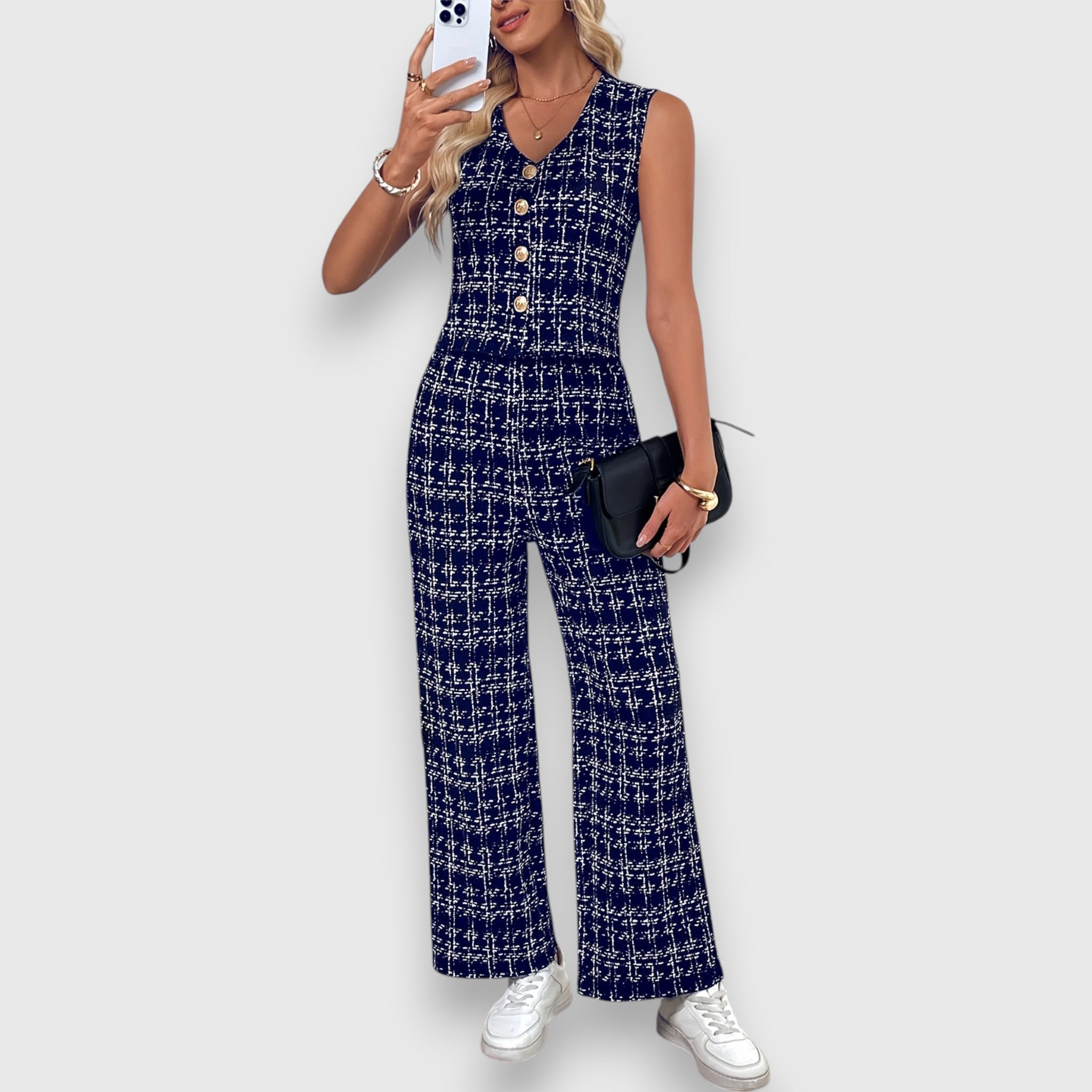Dvoudílný Set Serina SV Výstřihem A Kárový Vzor Elegantní