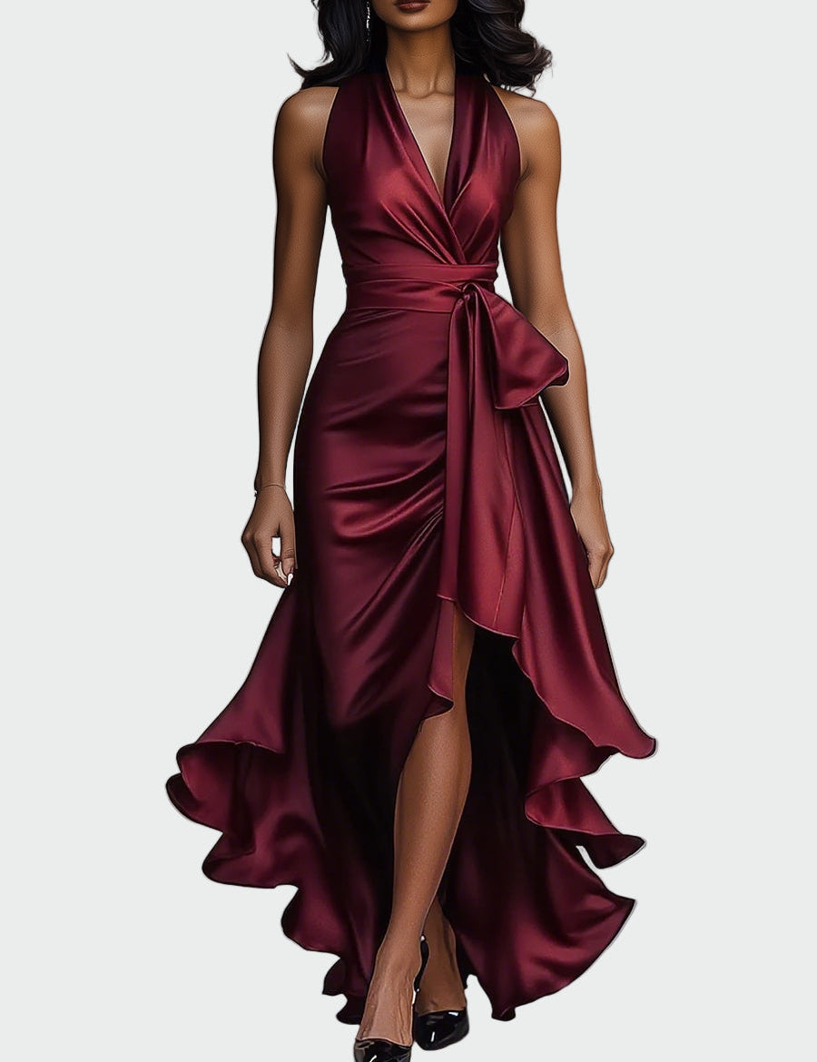 Elegantní Saténové Šaty Se Zavazováním U Krku A Volány