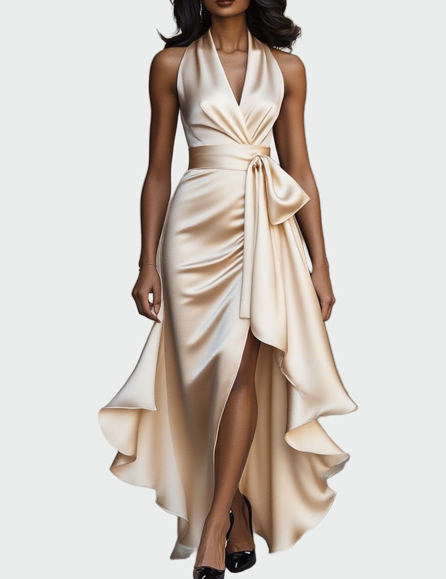 Elegantní Saténové Šaty Se Zavazováním U Krku A Volány