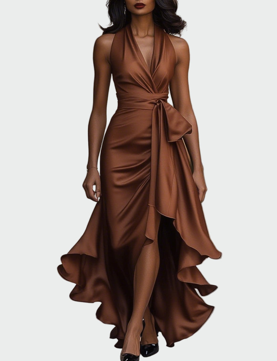 Elegantní Saténové Šaty Se Zavazováním U Krku A Volány