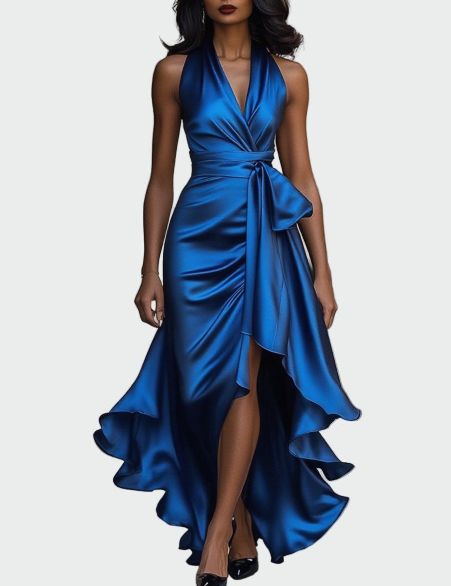 Elegantní Saténové Šaty Se Zavazováním U Krku A Volány