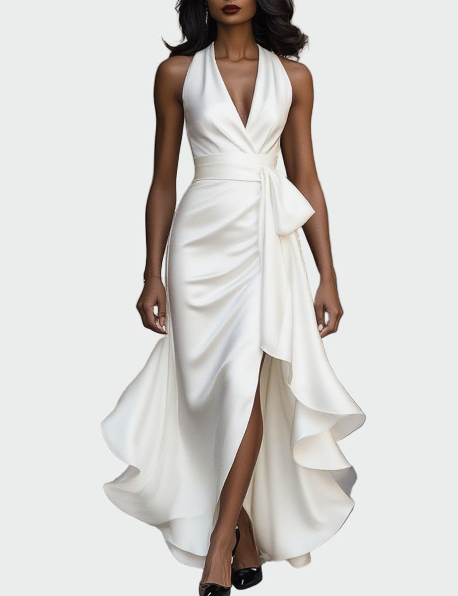 Elegantní Saténové Šaty Se Zavazováním U Krku A Volány