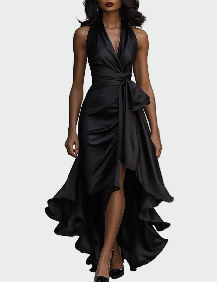 Elegantní Saténové Šaty Se Zavazováním U Krku A Volány