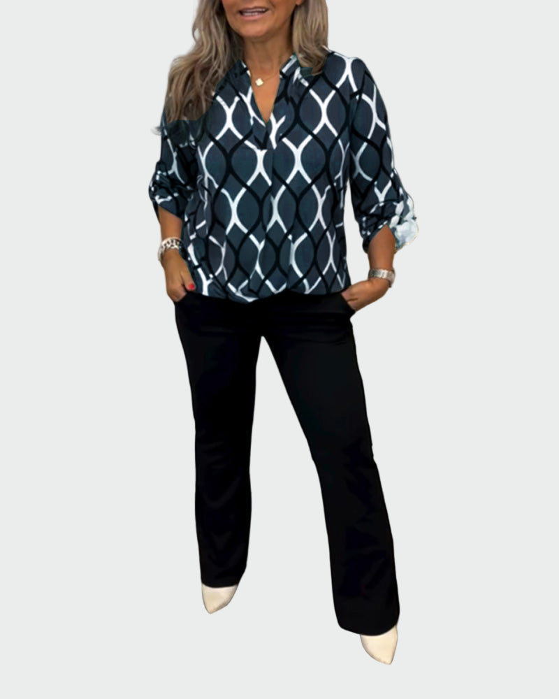 Dámská Halenka S Grafickým Vzorem Khaki Bílošedých Tónů