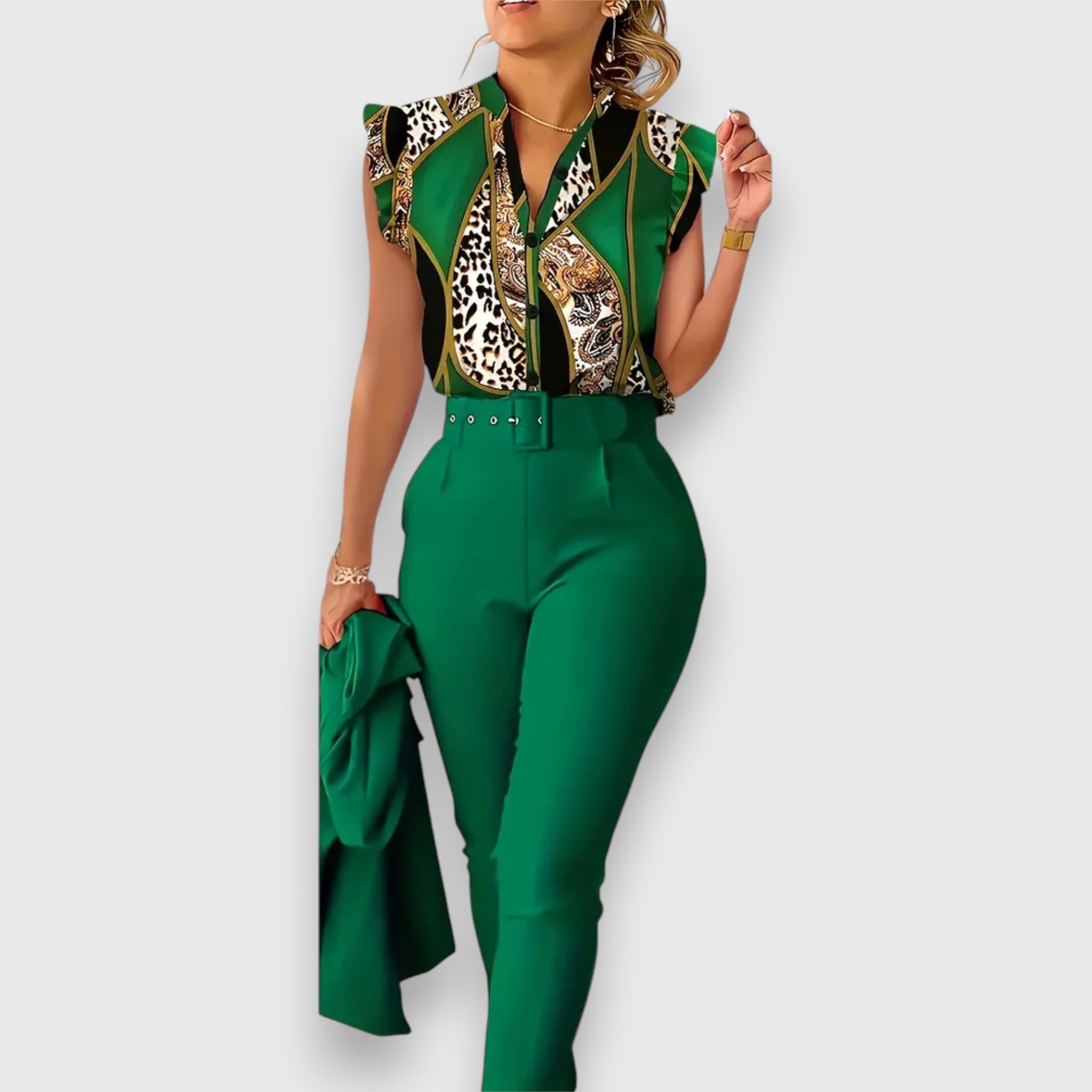 Dvoudílný Leopardí Set Blůza a Kalhoty s Páskem a Designem