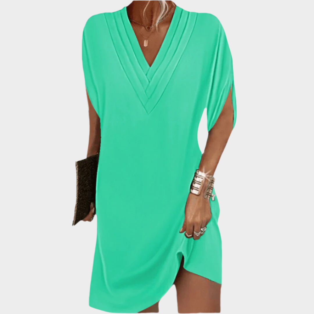 Elegantní Šaty Shift Khaki Odstín S Hlubokým Výstřihem Do V
