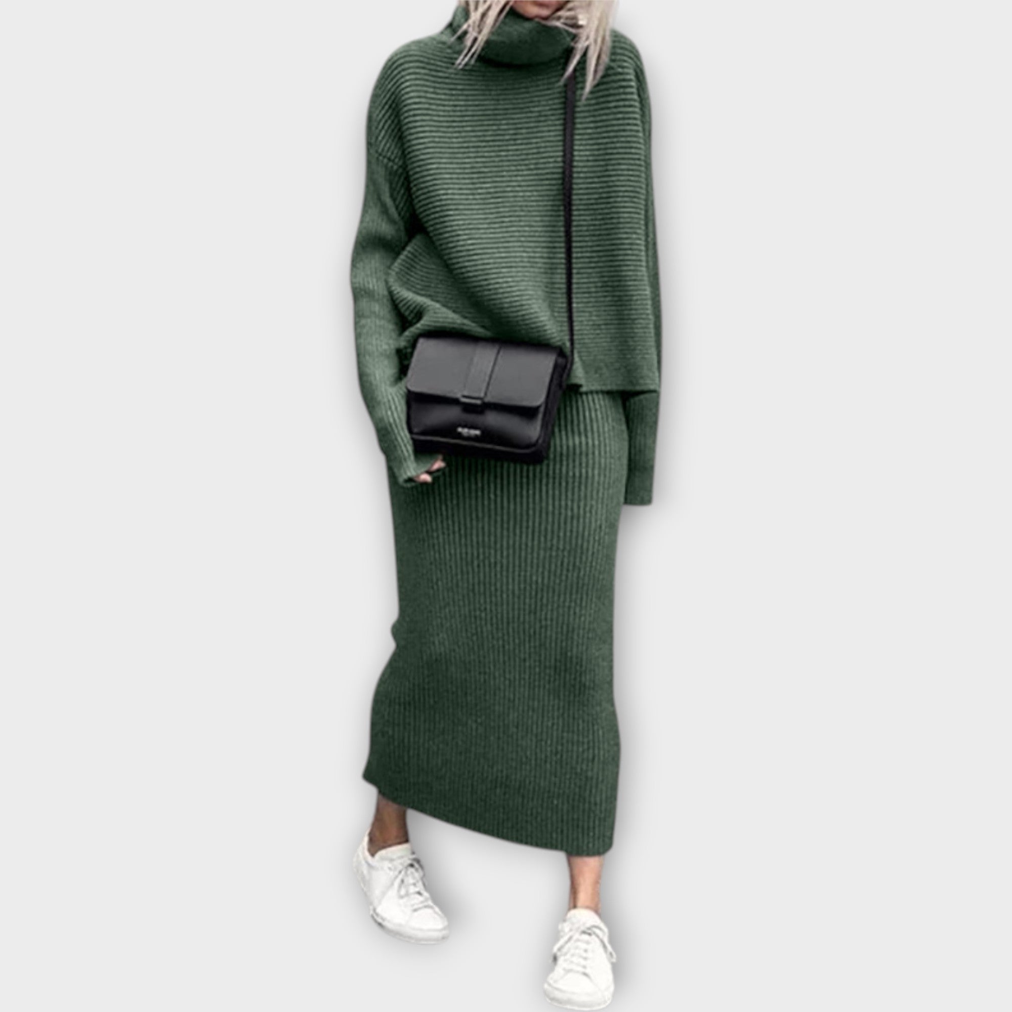 Elegantní Pletený Set S Rolákem A Sukní Každodenní Vzhled
