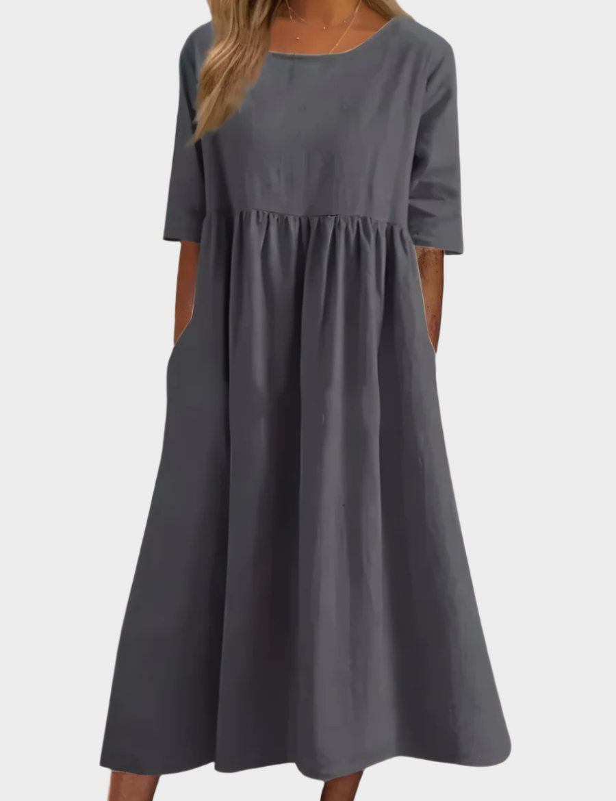 Lněné Šaty S Krátkými Rukávy A Vzdušným Střihem Modré