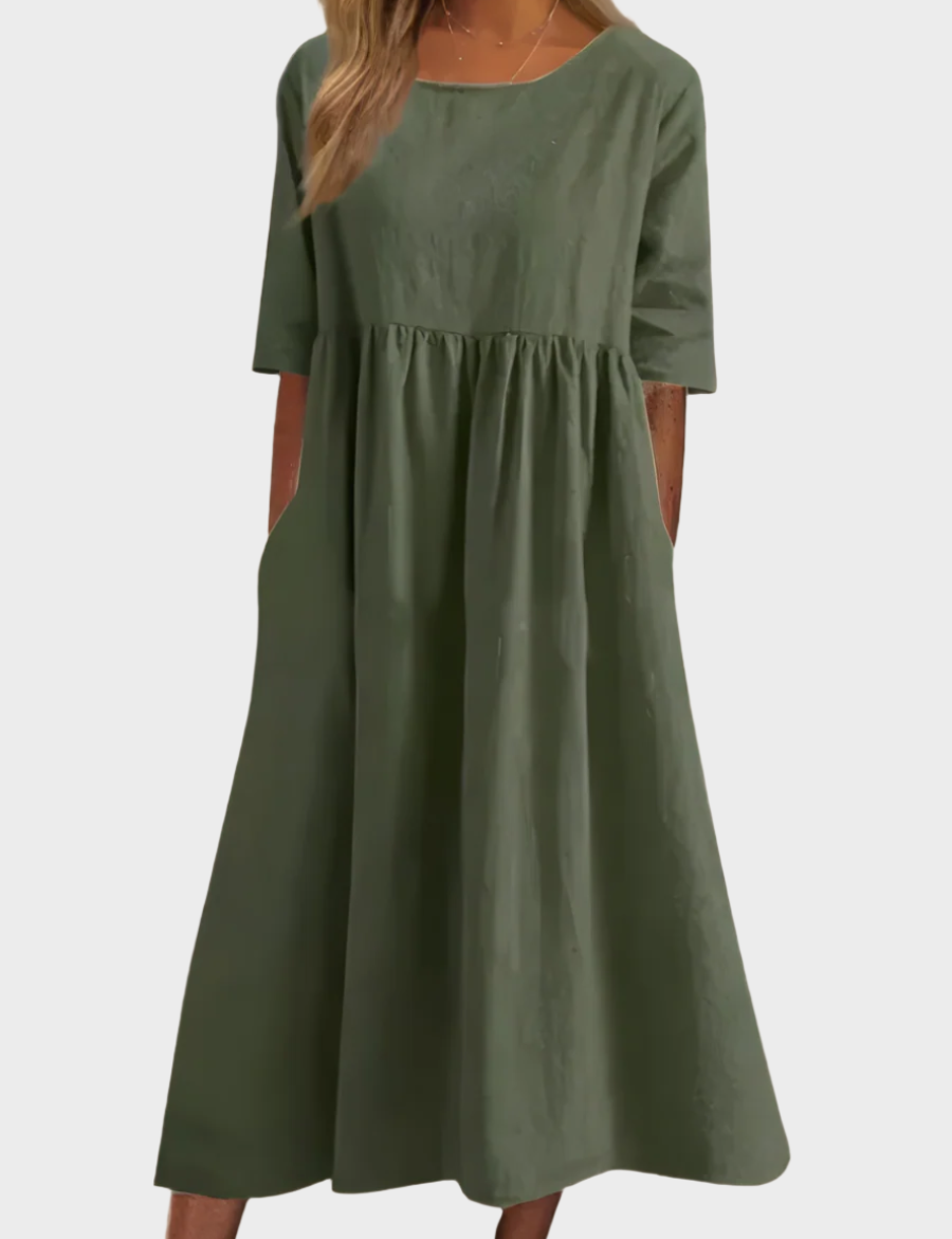 Lněné Šaty S Krátkými Rukávy A Vzdušným Střihem Modré