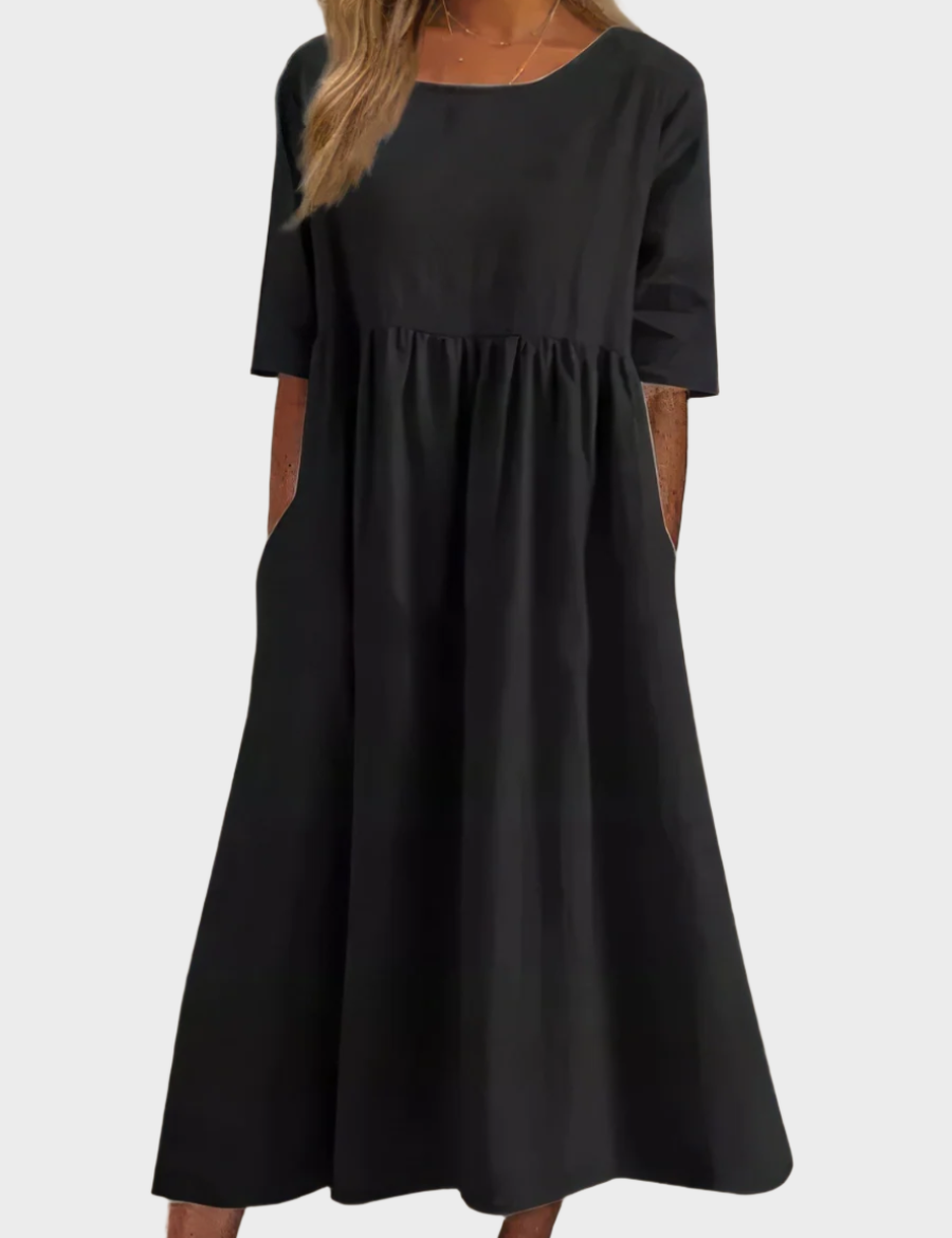 Lněné Šaty S Krátkými Rukávy A Vzdušným Střihem Modré