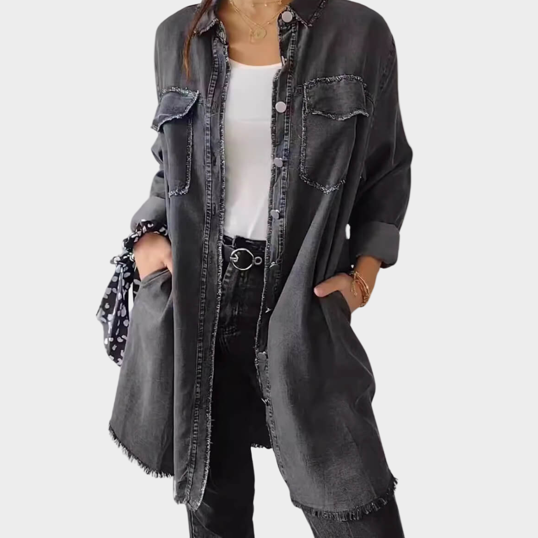 Denim Šaty Košile S Klasickým Límcem A Dlouhými Rukávy