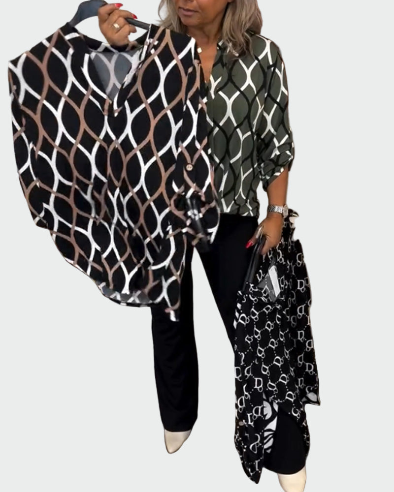 Dámská Halenka S Grafickým Vzorem Khaki Bílošedých Tónů