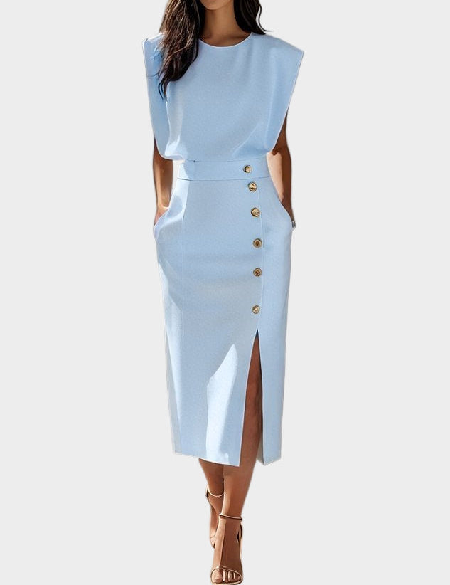 Monochromatické Midi Šaty S Knoflíky A Kulatým Výstřihem