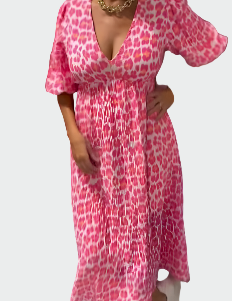 Letní Vzdušné Maxi Šaty Růžová Bílá Geometrie Výstřih