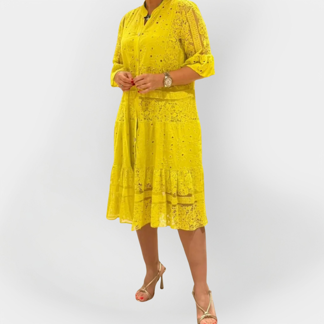 Letní Krajkové Šaty S Rukávy Třičtvrtě A Knoflíky Vpředu