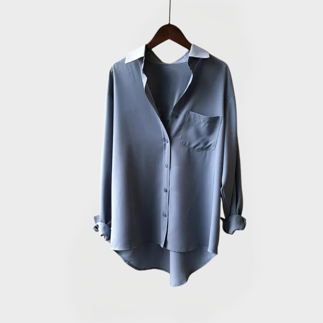 Elegantní Košilová Halenka Šedo Modrá S Bílým Límcem