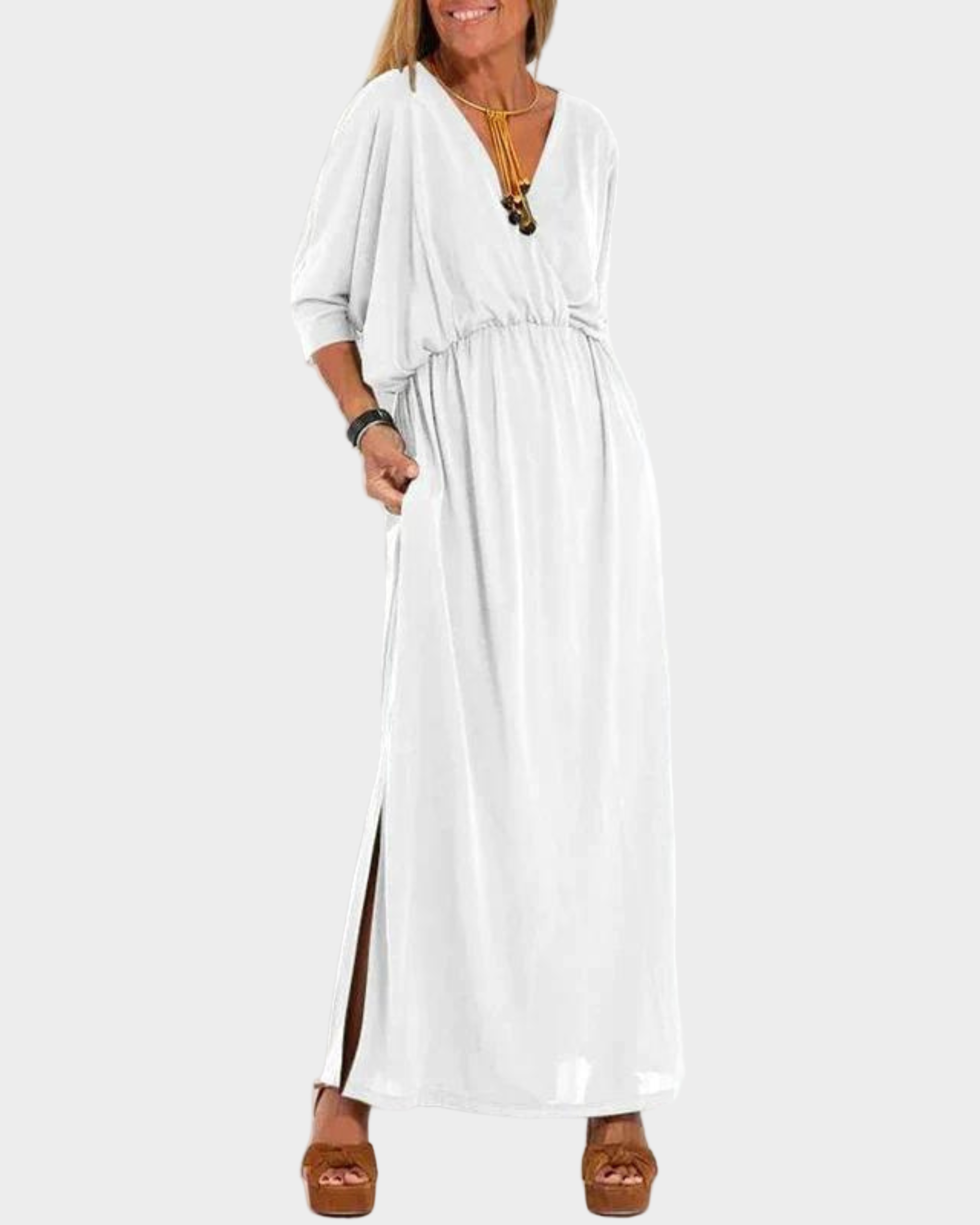 Vintážní Khaki Maxi Šaty S Elastickým Pasem Elegantní