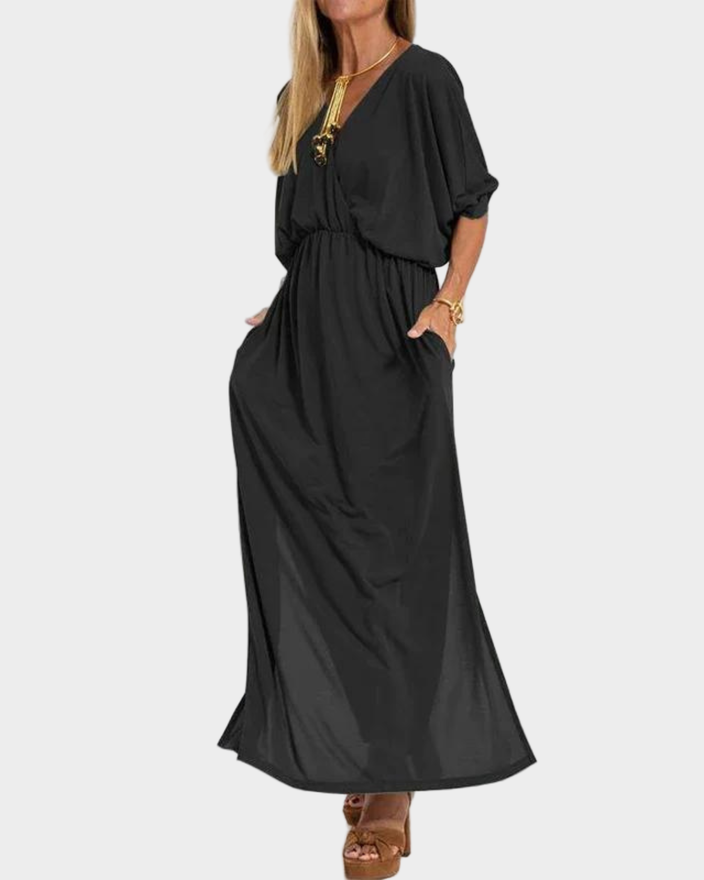 Vintážní Khaki Maxi Šaty S Elastickým Pasem Elegantní