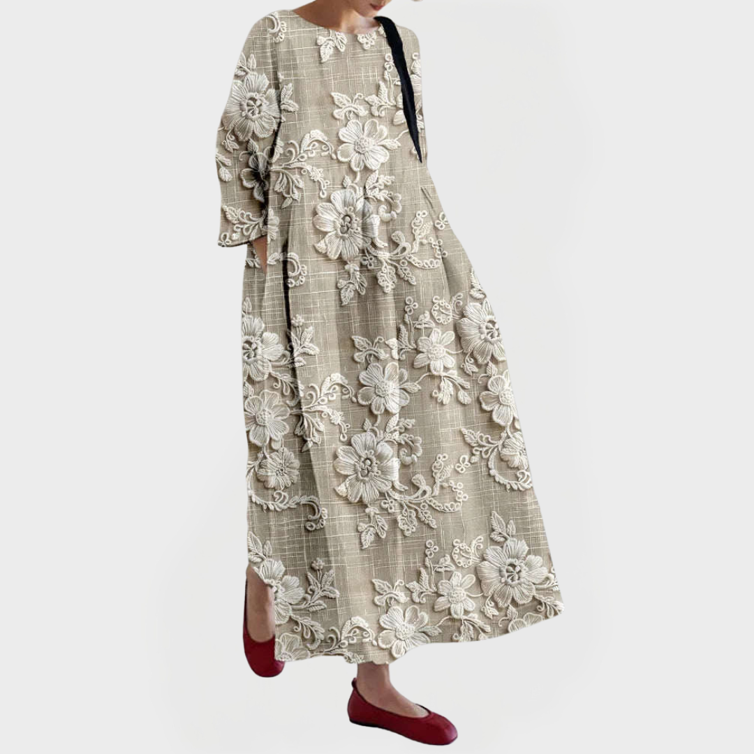 Elegantní Maxi Šaty Z Lněného Materiálu Květinovou Krajkou