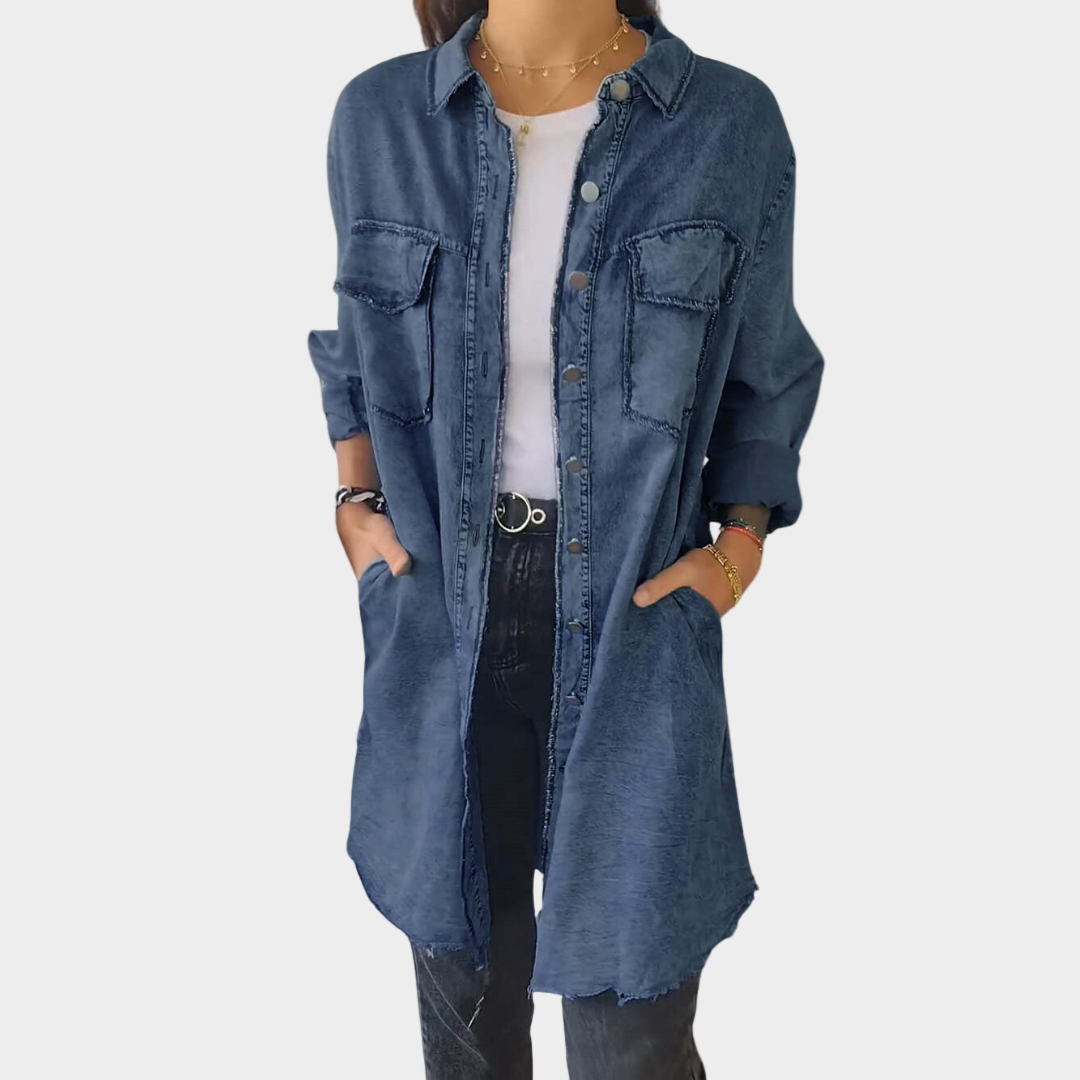 Denim Šaty Košile S Klasickým Límcem A Dlouhými Rukávy