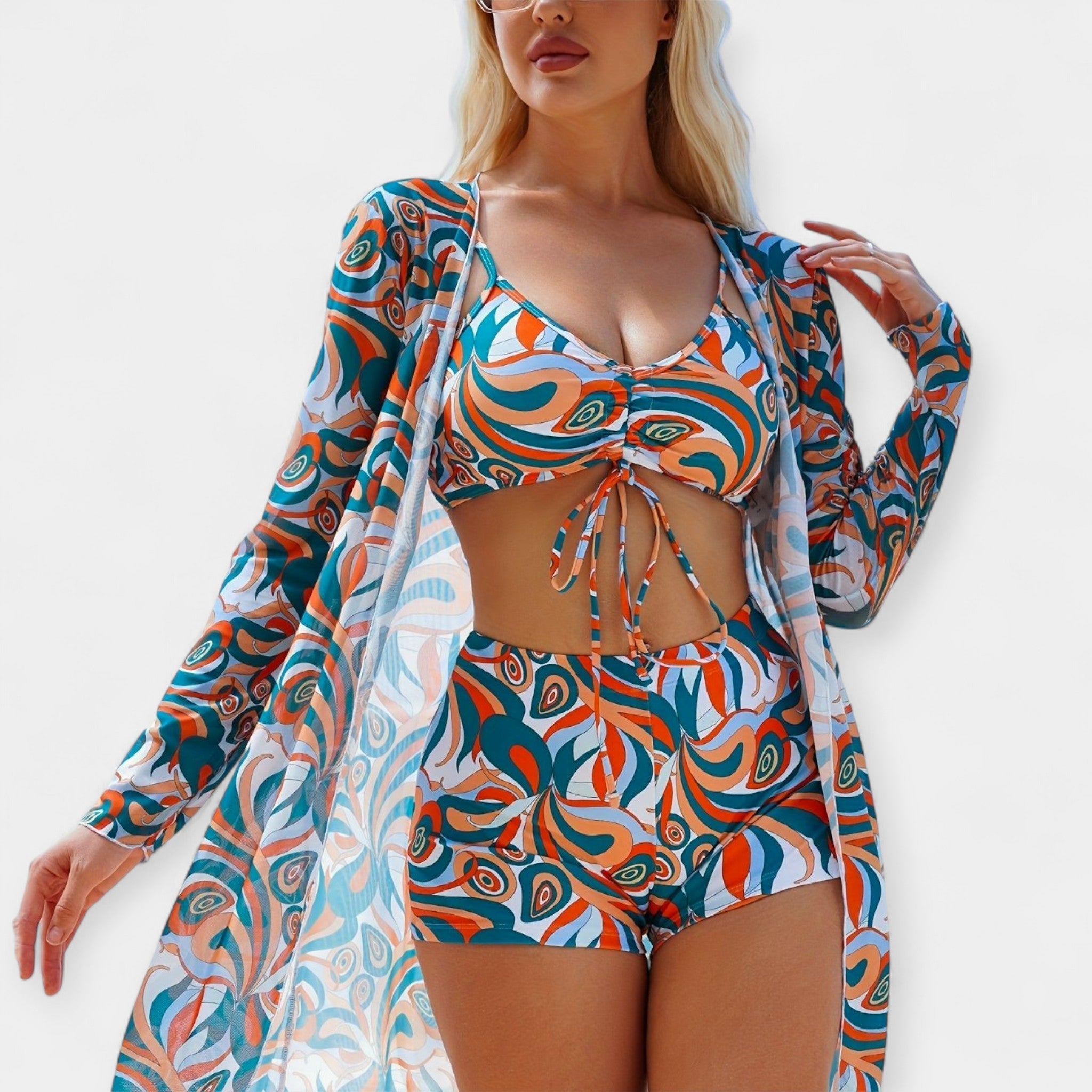 Vysokopásový Bikini a Plážový Set s Přehozem pro Dámy