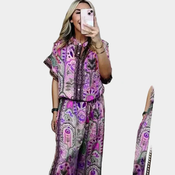 Dámský Fialový Boho Set s Blůzou a Kalhotami Elegantní Styl