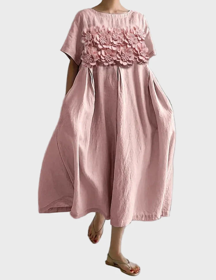 Midi Šaty Béžové S 3D Květinovými Ozdobami Plisovanými