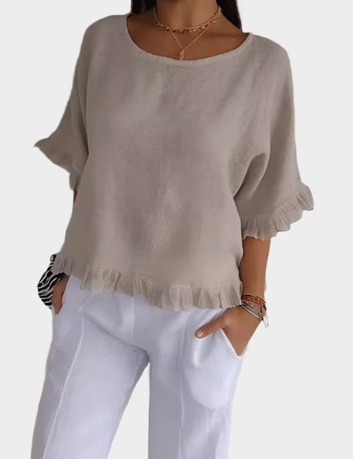 Letní Lněná Blůza Se Švy A Volány Modrá Pro Každodenní Styl