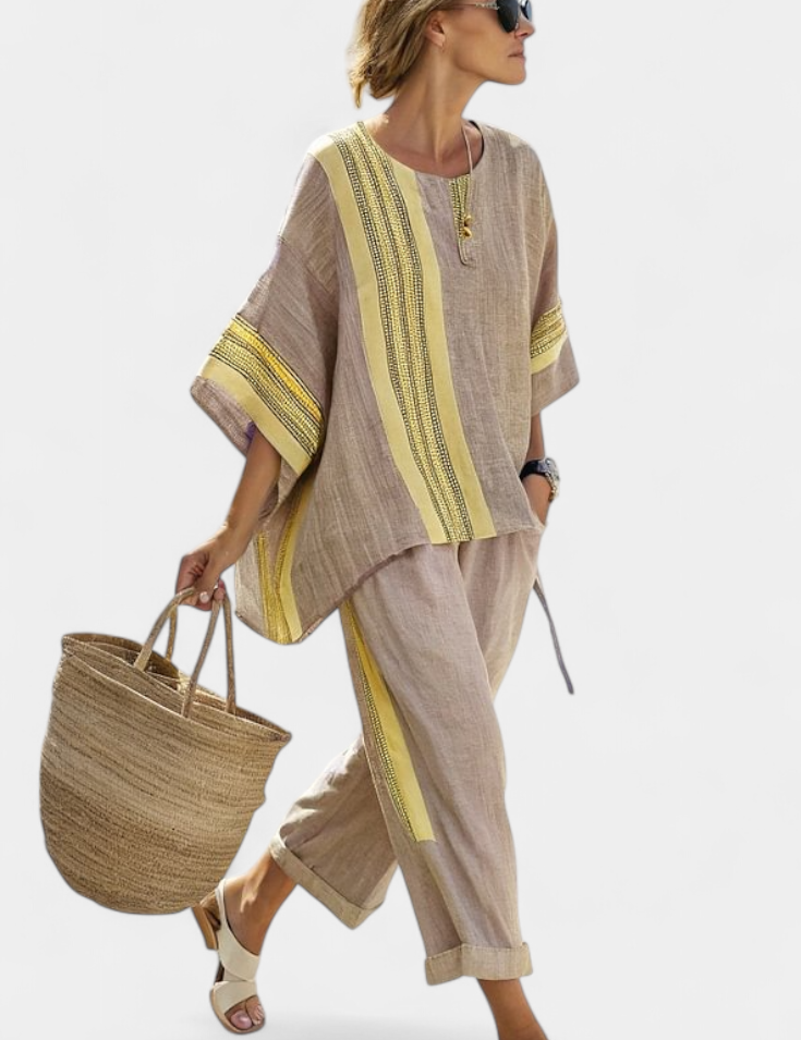 Sada z Lněného Bambusu Levandulová Detaily Hořčicově Žluté