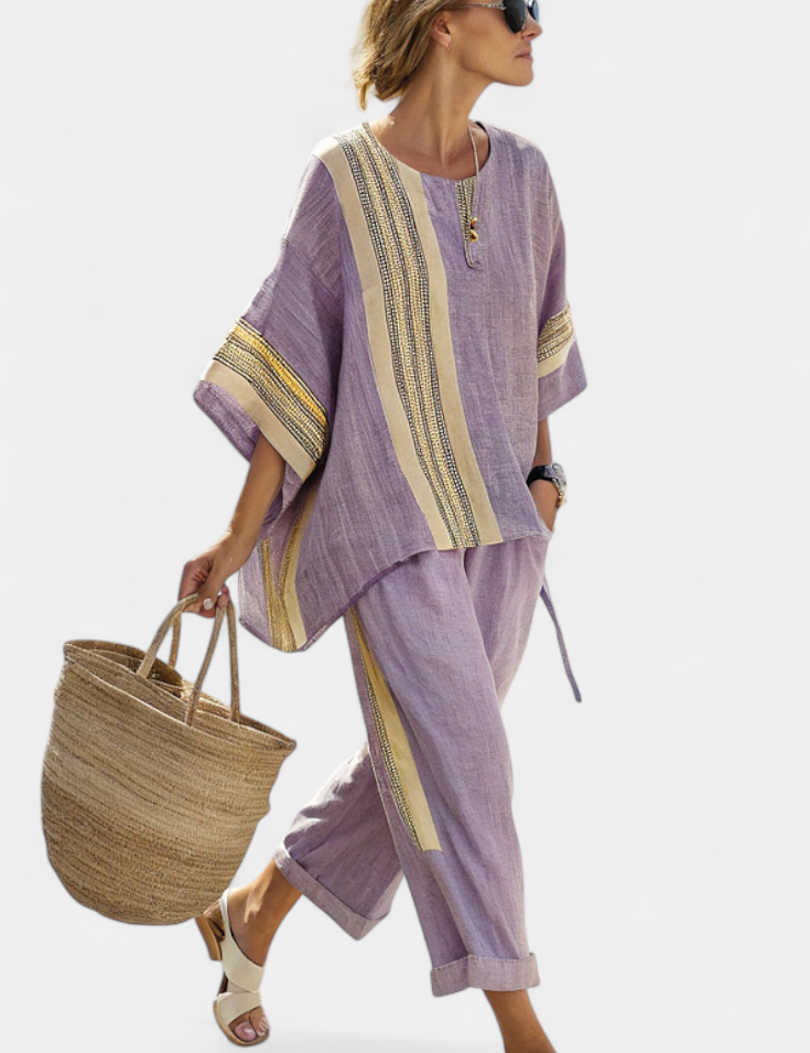 Sada z Lněného Bambusu Levandulová Detaily Hořčicově Žluté