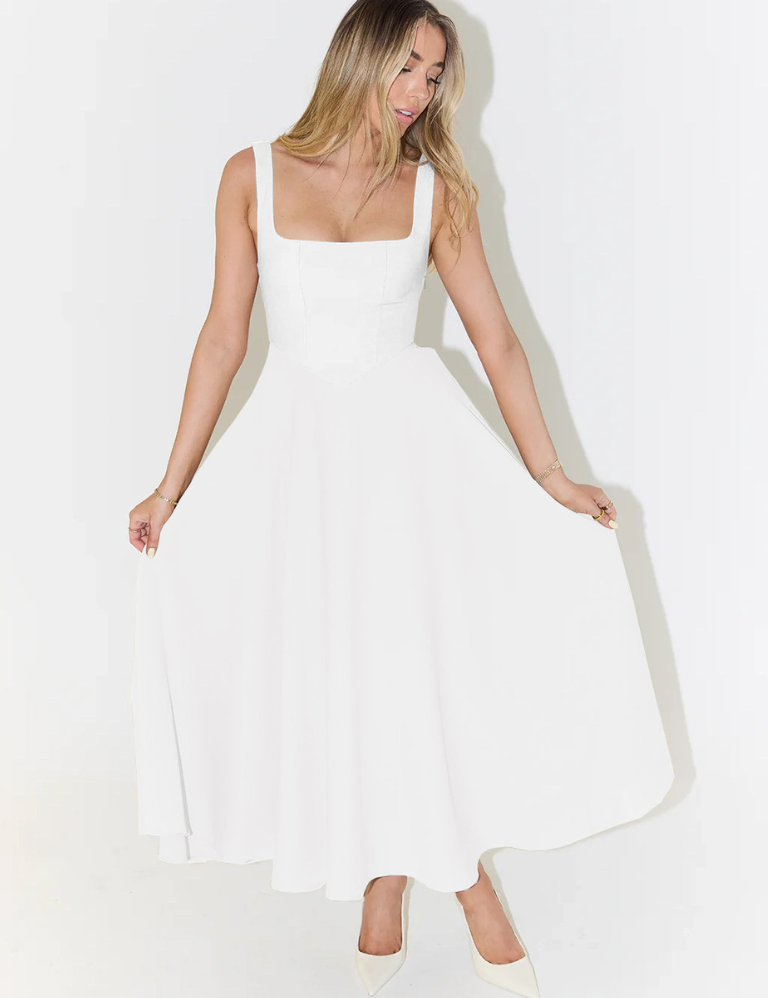 Elegantní Midi Šaty S Romantickým Střihem Čtvercový Dekolt