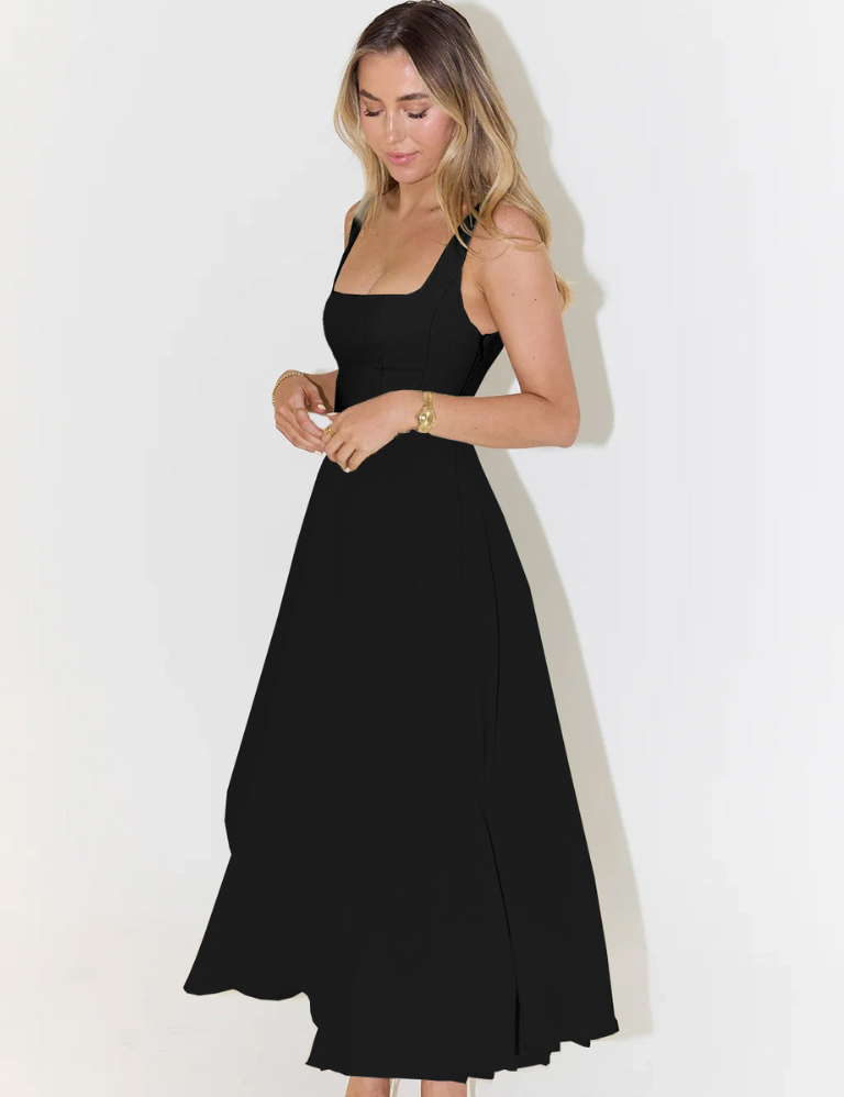 Elegantní Midi Šaty S Romantickým Střihem Čtvercový Dekolt