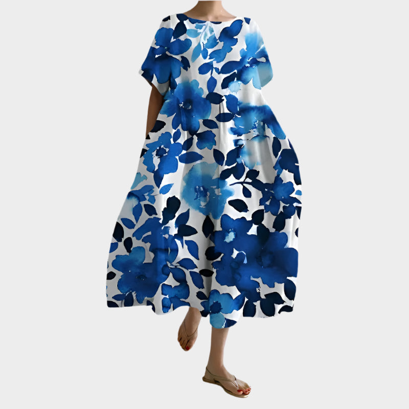 Pohodlné Dlouhé Retro Šaty S Květinovým Potiskem Letní