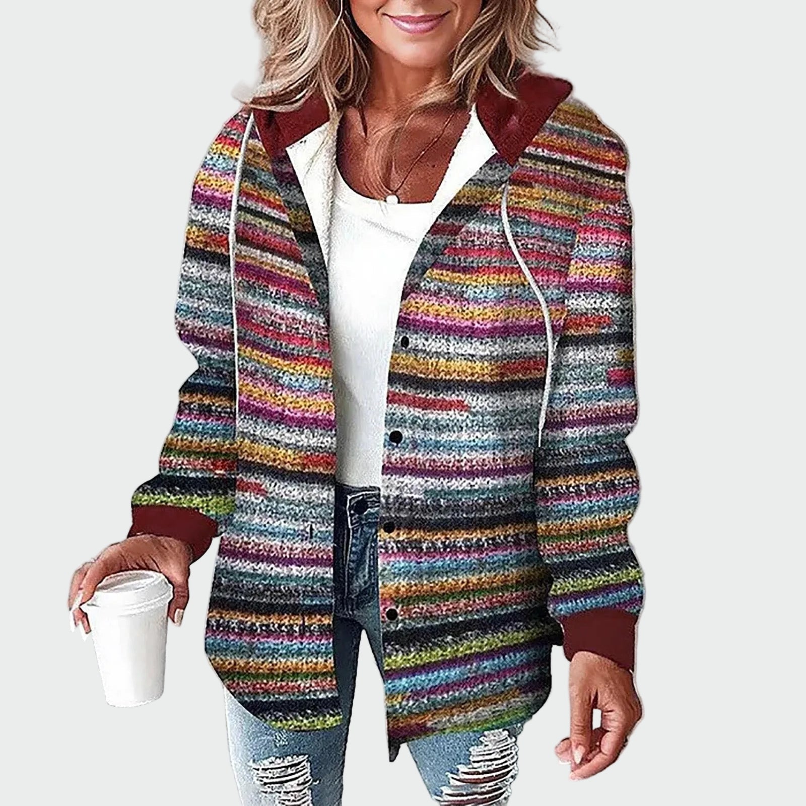 Teplý Měkký Kabát S Kapucí Káro Vzor Šedá Bílá Elegantní