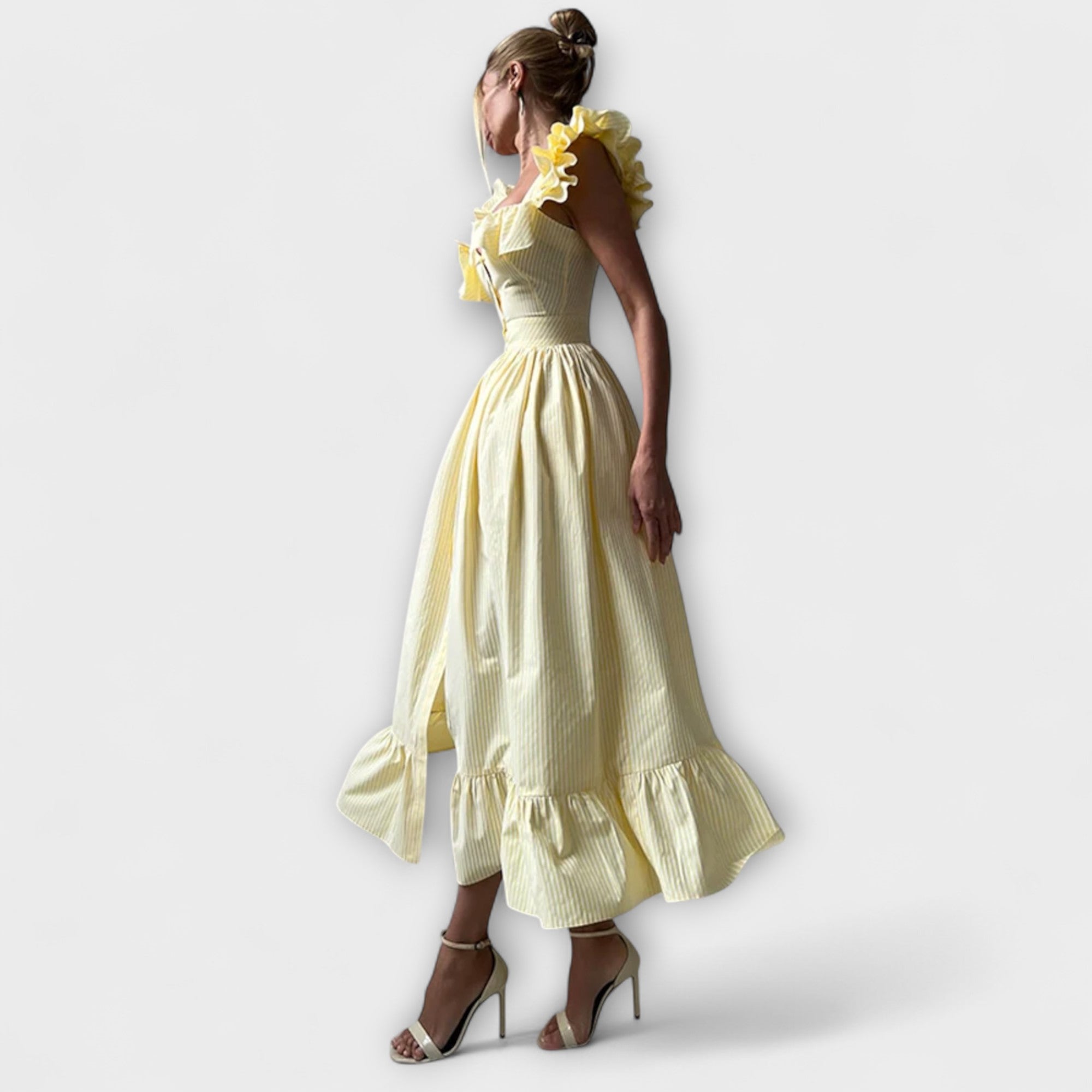 Šaty s Plisováním Žluté a Bílé Pruhy Korzetový Střih