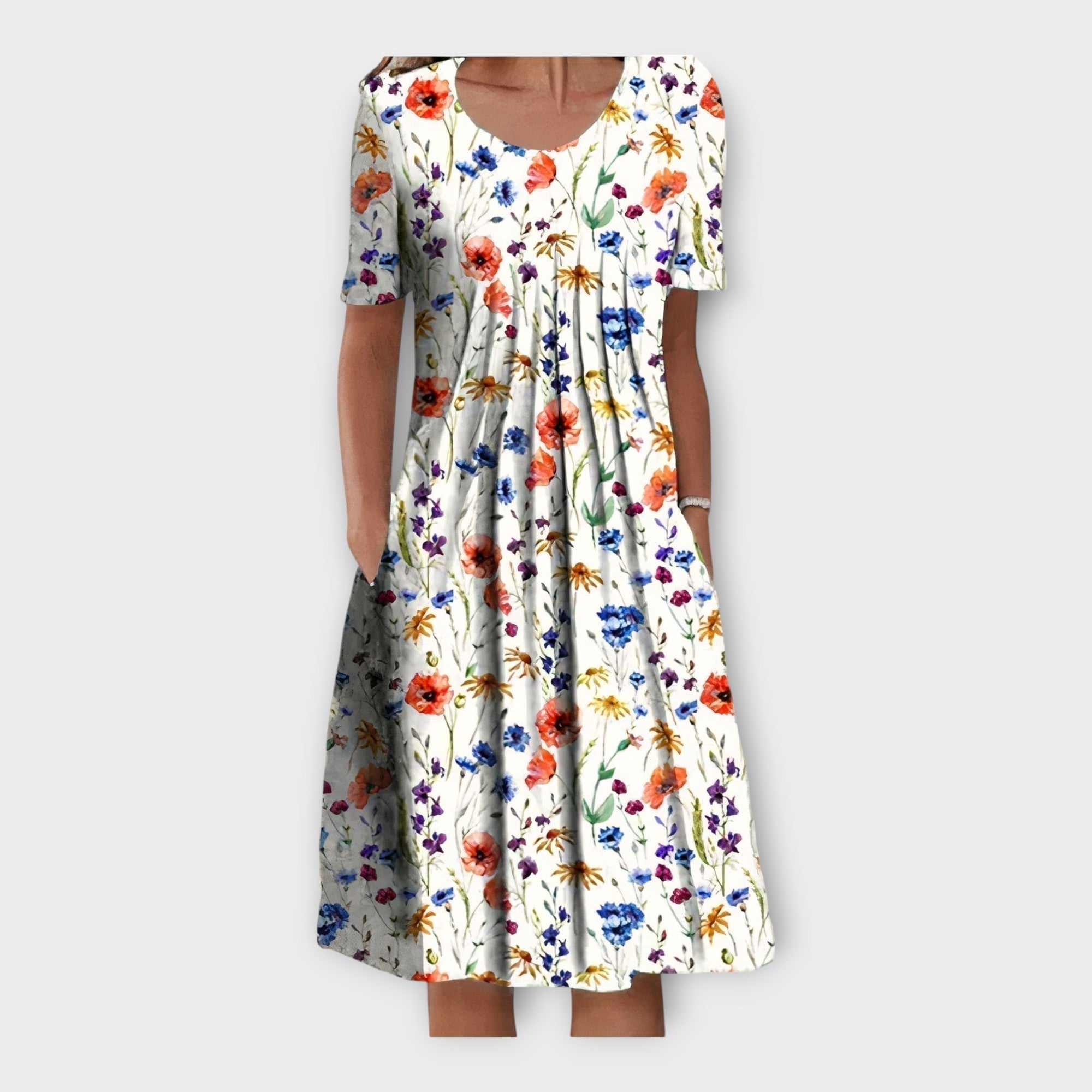 Šaty S Květinovým Vzorem A Krátkým Rukávem A Kapsami