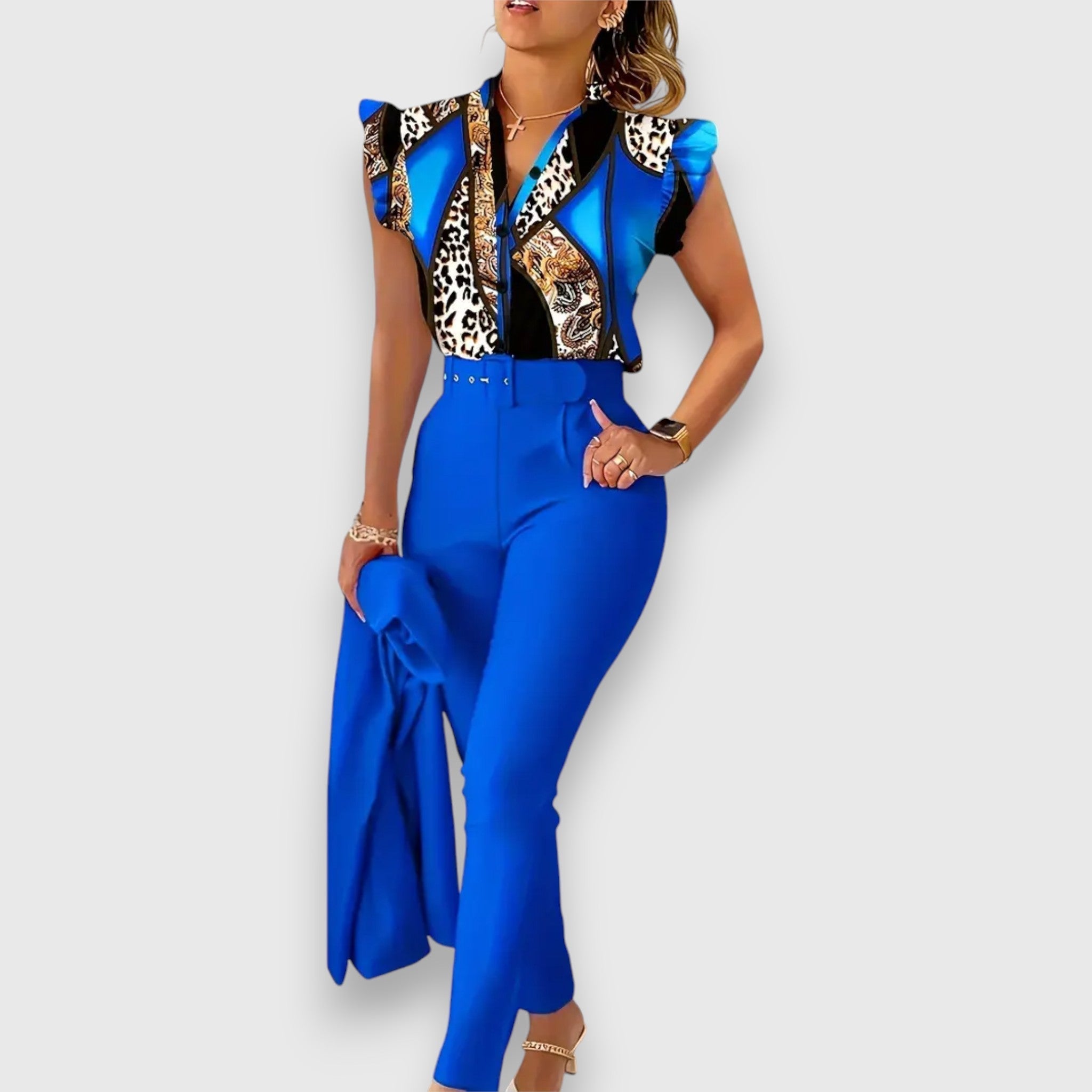 Dvoudílný Leopardí Set Blůza a Kalhoty s Páskem a Designem