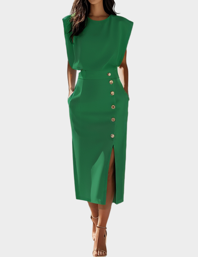 Monochromatické Midi Šaty S Knoflíky A Kulatým Výstřihem