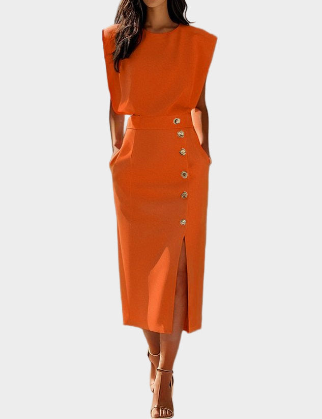 Monochromatické Midi Šaty S Knoflíky A Kulatým Výstřihem