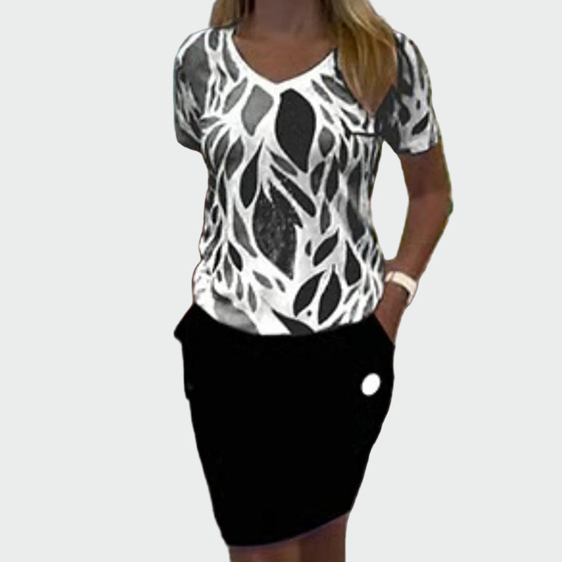 Set Topů Se Vzorem a Elegantní Sukně Pro Každodenní Pohodlí