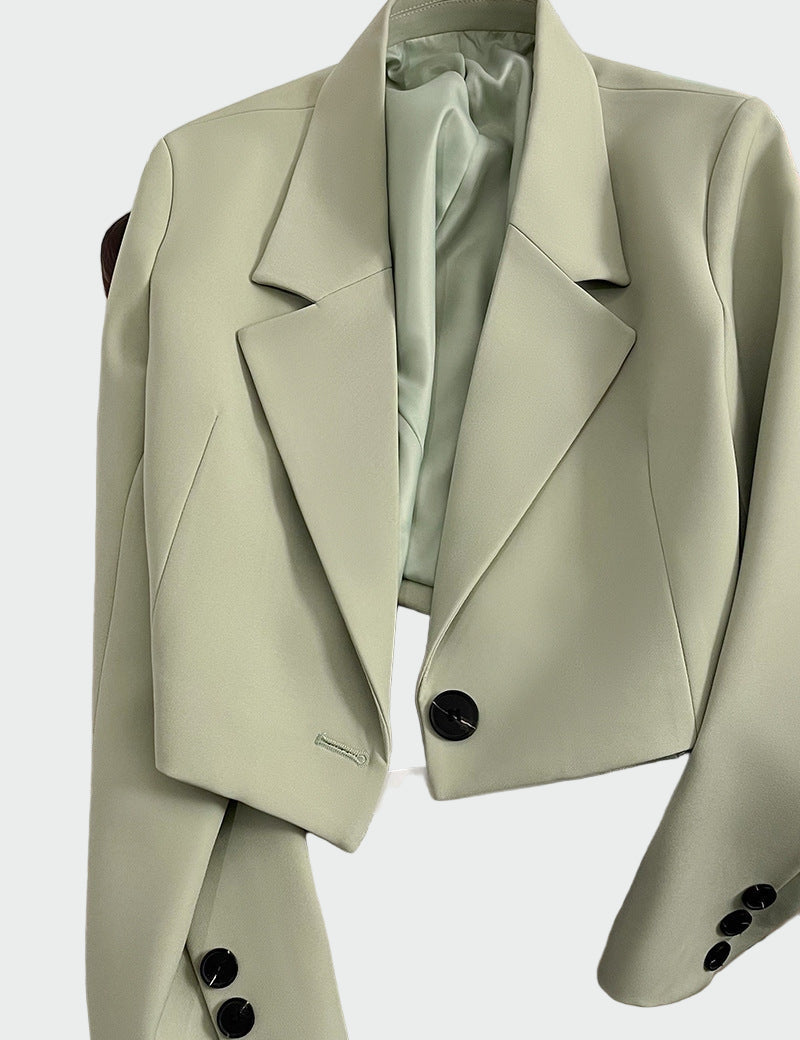 Minimalistické Krátké Sako s Elegantním Designem Límcem