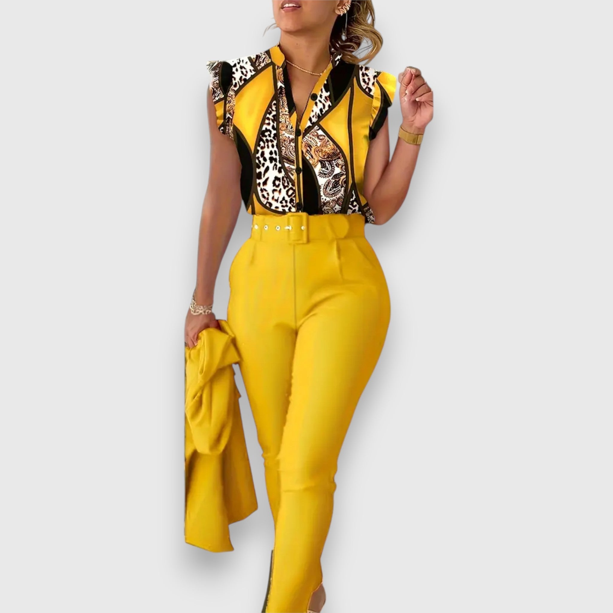 Dvoudílný Leopardí Set Blůza a Kalhoty s Páskem a Designem