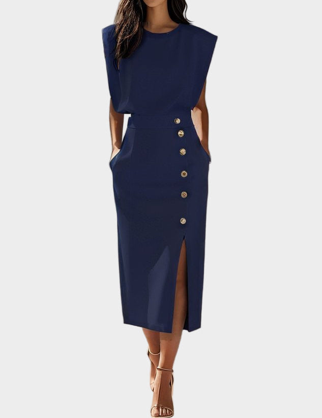 Monochromatické Midi Šaty S Knoflíky A Kulatým Výstřihem