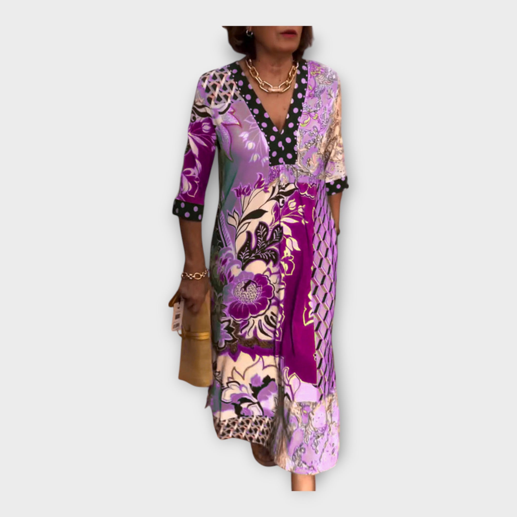 Pestré Barevné Šaty Knoflíky Rukávy Den Noc Vzorované 3 4