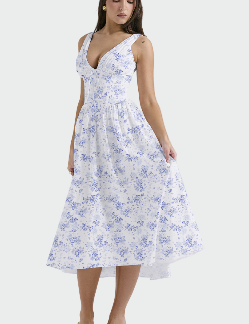 Midi Šaty Romantický Květinový Vzor Elegantní Silueta